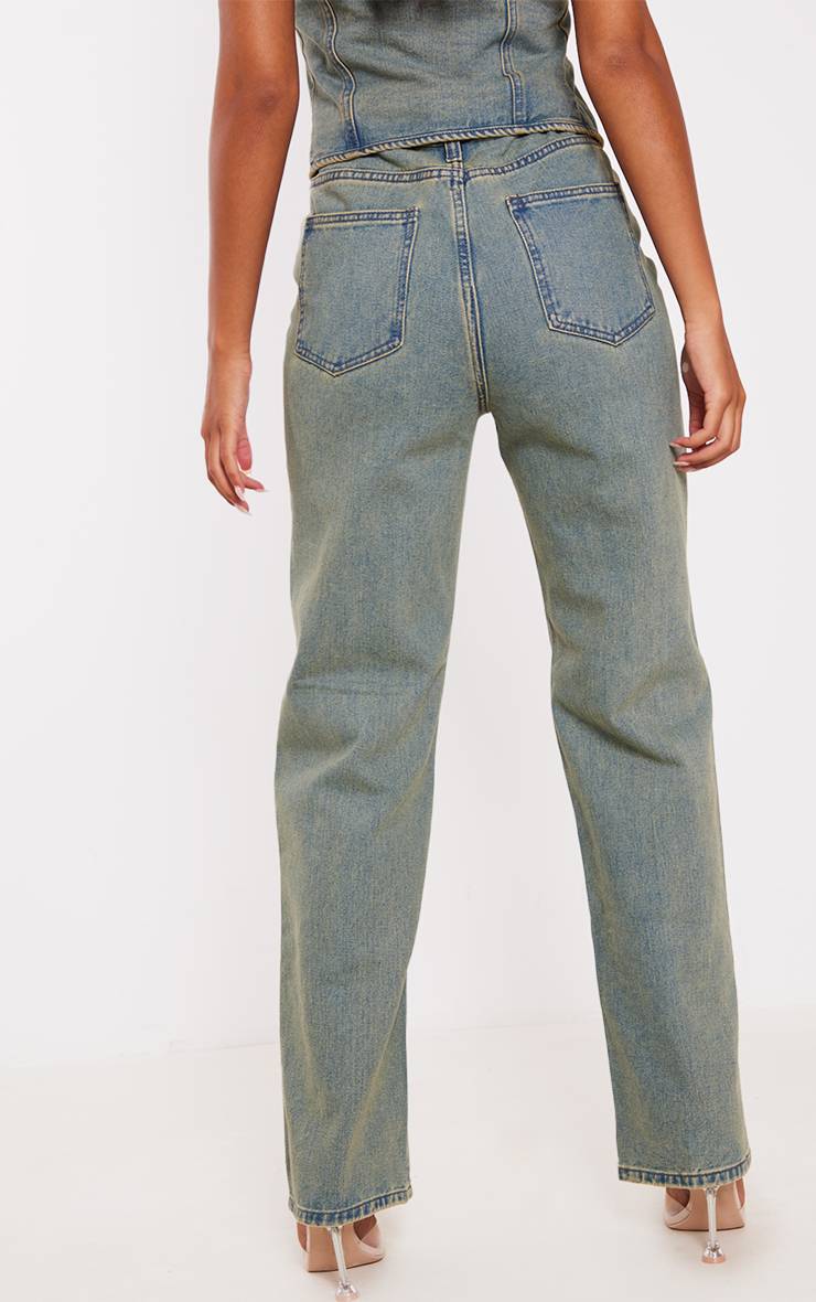 Indigo Vintage Wash Jean Taille Haute À Détails De Coutures Contrastées Pour Grande Taille