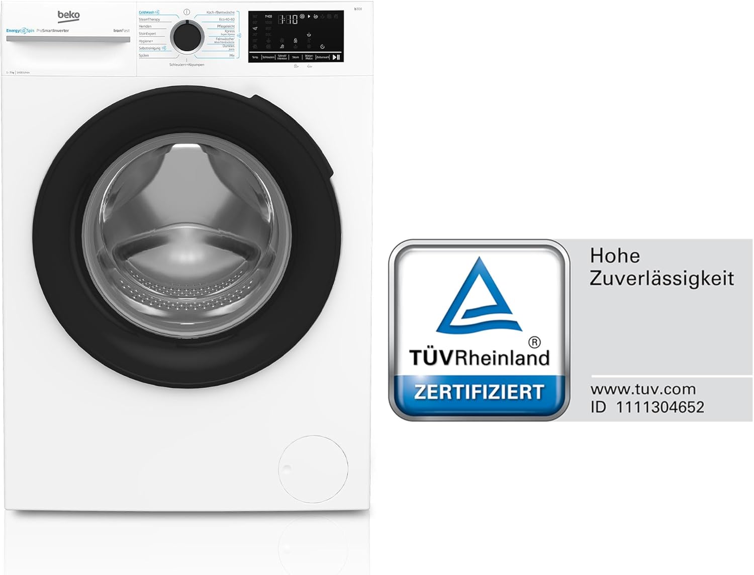 Beko BM3WFU4741N freistehende Waschmaschine, Waschvollautomat, 7 kg, EnergySpin, Schleuderwahl 1400 U/min, IronFast weniger Falten, Hygiene+ allergikergeeignet, Coldwash Wasser-& Zeitersparnis, Weiß