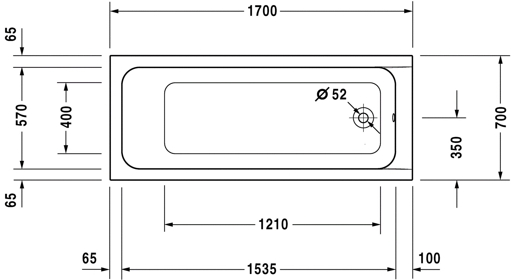Duravit D-Code ligbad 170x70cm met afvoer aan het voeteneind wit