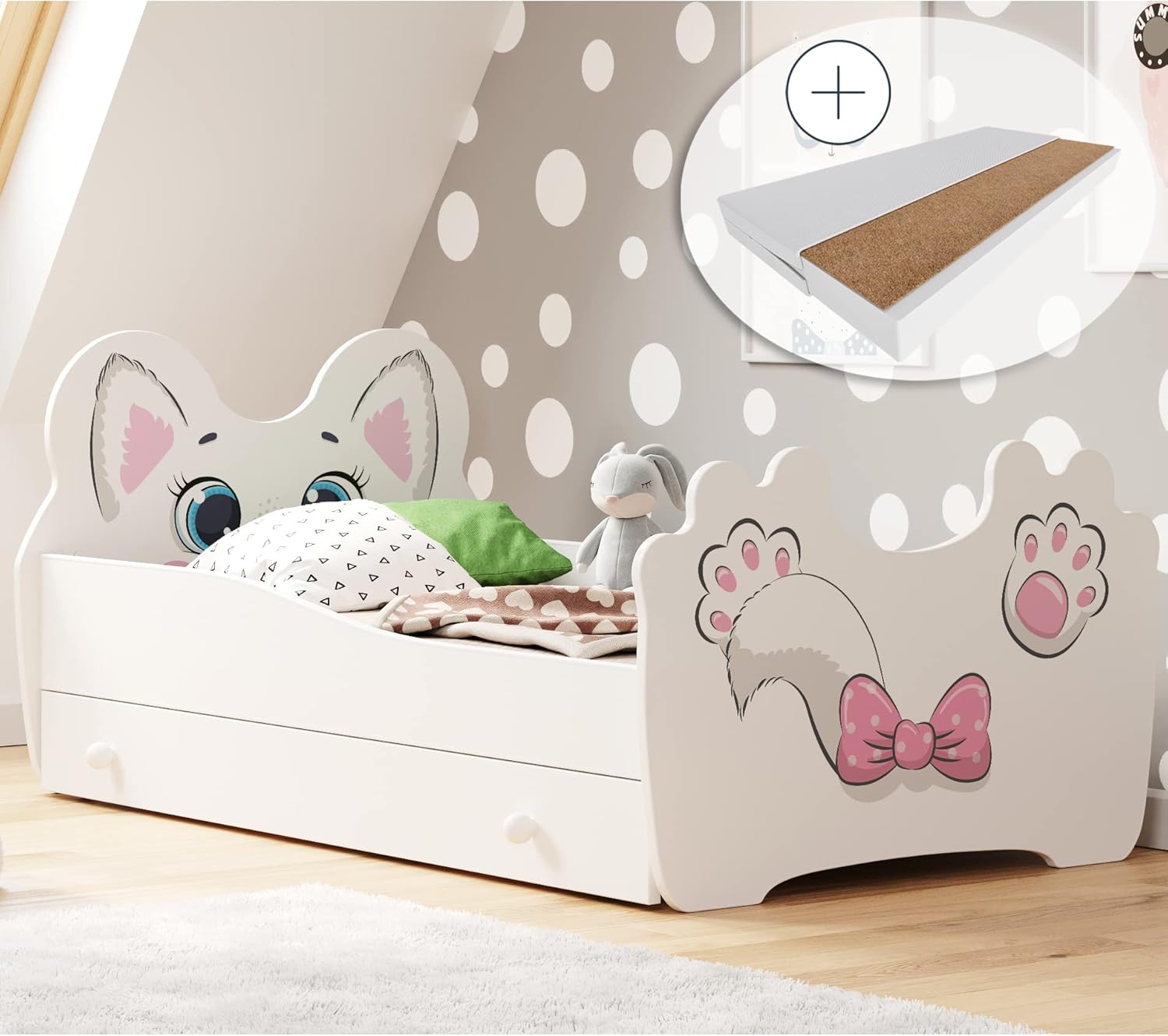 Kids Collective Kinderbett Jugendbett 70x140 | 80x160 cm mit Matratze, Schublade und Lattenrost, Motiv Katze MDF-Holz Made in Europe | von Geburt bis 6. Lebensjahr