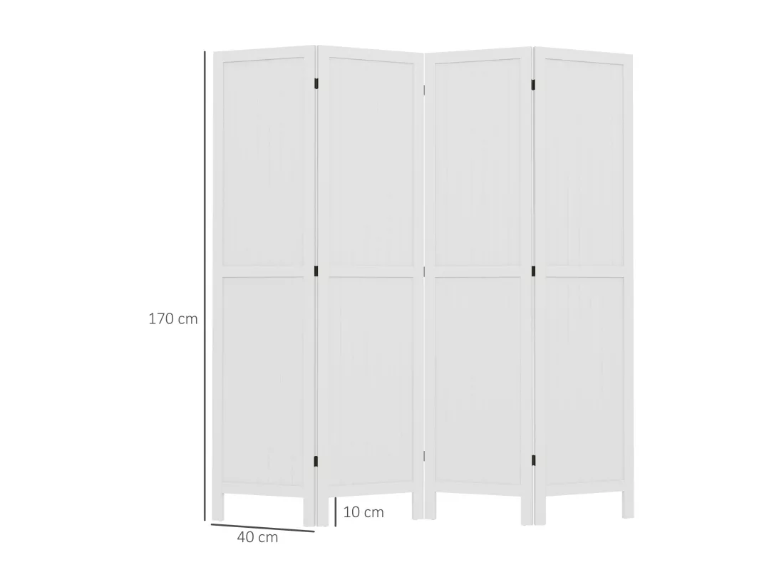 Paravent intérieur 4 panneaux style rustique chic - séparateur de pièce avec rainures verticales - bois de paulownia blanc