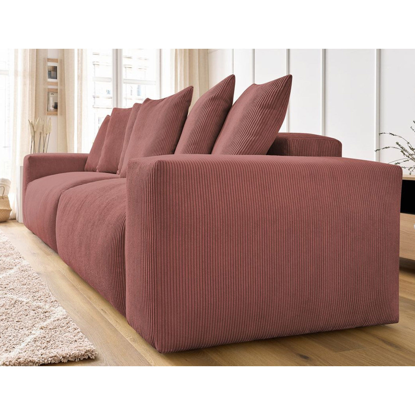 Bobochic Canapé 4 places moelleux voltaire velours côtelé rose - 320x124x75 cm