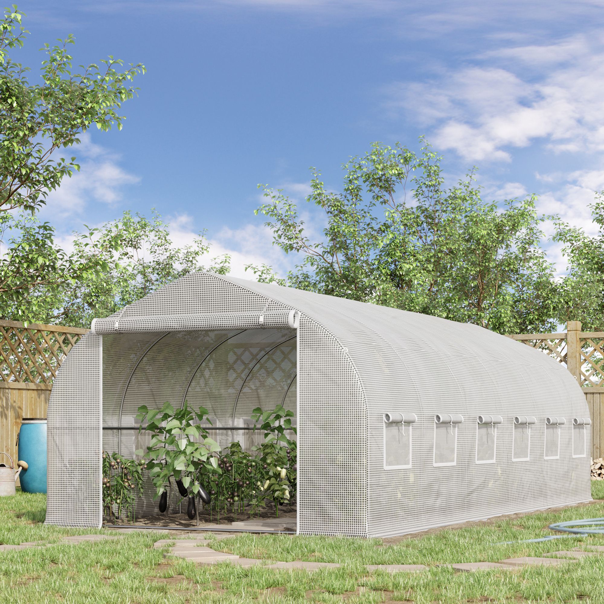 Estufa túnel Outsunny 6x3x2 m para jardim, com porta e 12 janelas de enrolar, feita de polietileno e aço galvanizado, ideal para hortas, plantas e flores. Cor branca.