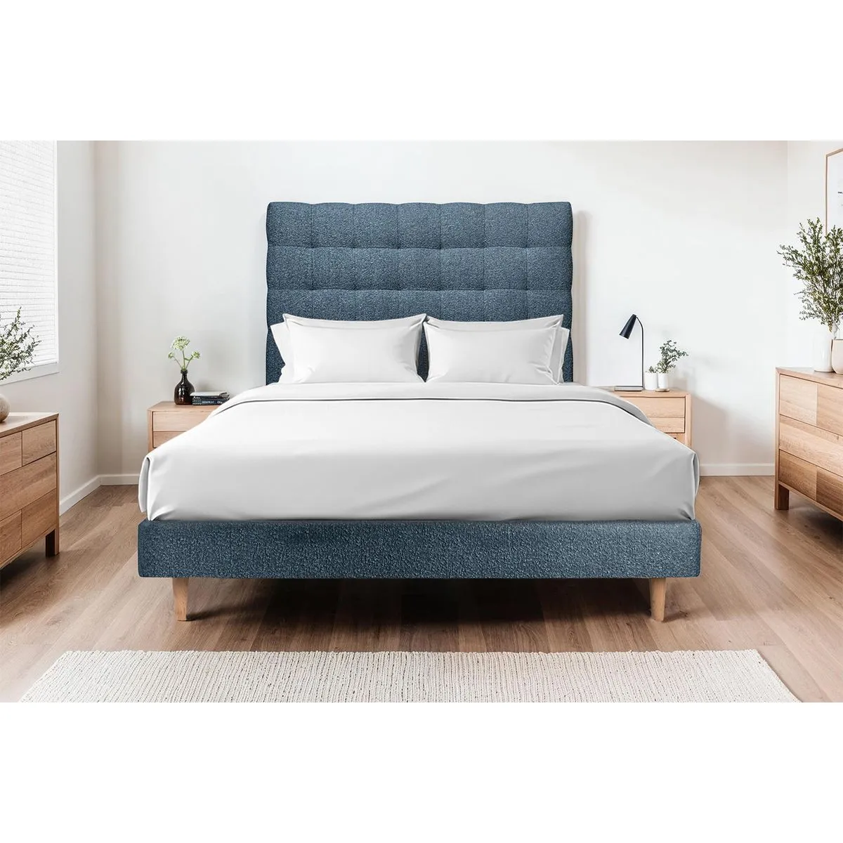 Sommeil de plomb Lit 140x200cm - Tête de lit capitonnée bouclette - Sommier tapissier bleu