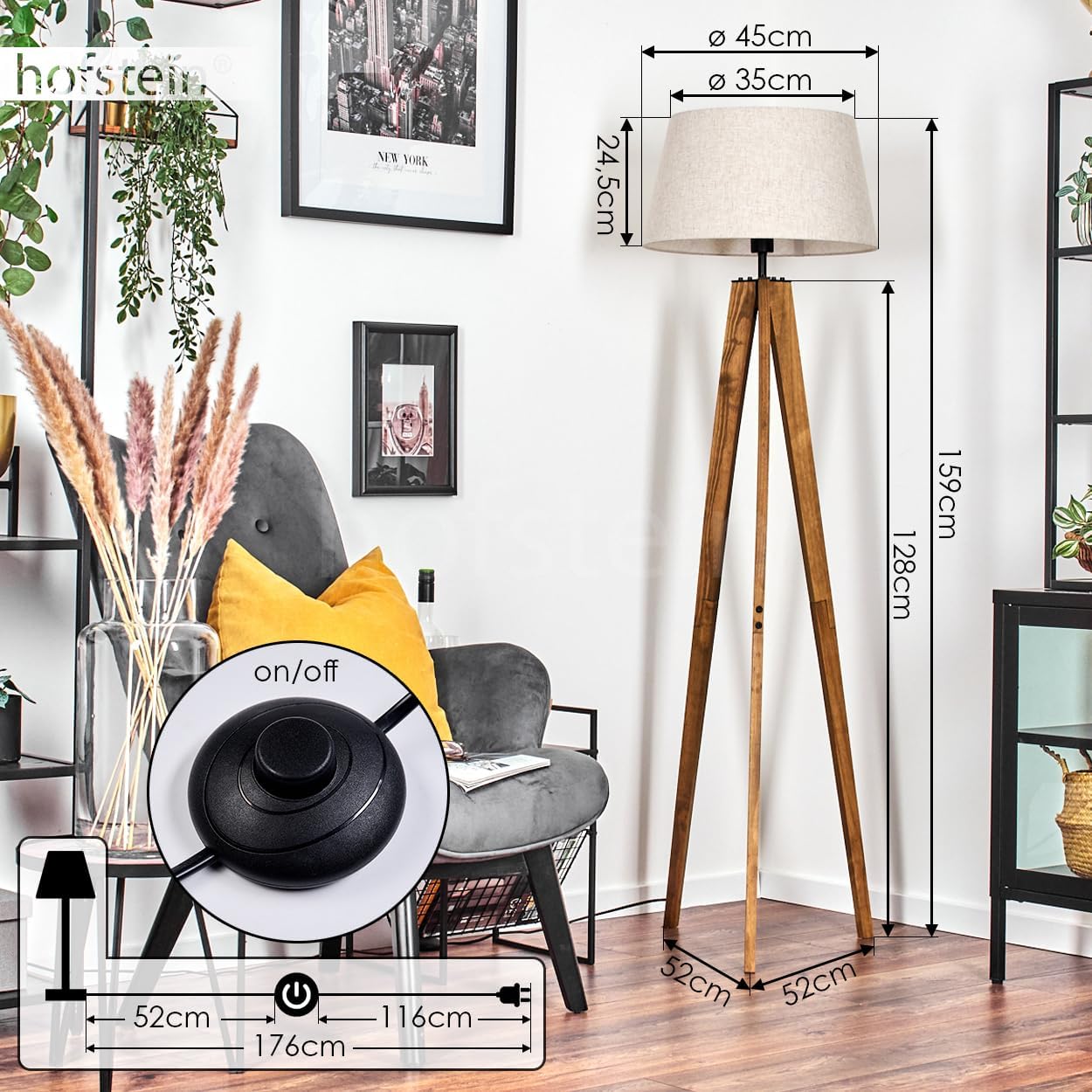 Stehleuchte Bassagoda, Stehlampe aus Holz/Metall/Stoff in Naturfarben/Schwarz/Beige, Leuchte im skandinavischen Design mit rundem Schirm (Ø 45 cm) u. Fußschalter, 159 cm, 1 x E27, ohne Leuchtmittel