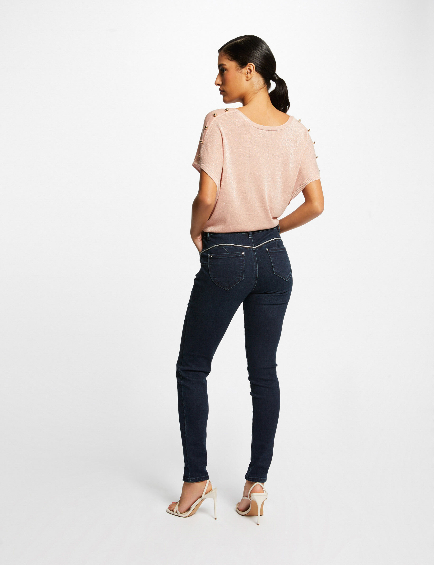 Pull manches courtes à col en V rose clair femme - rose_clair