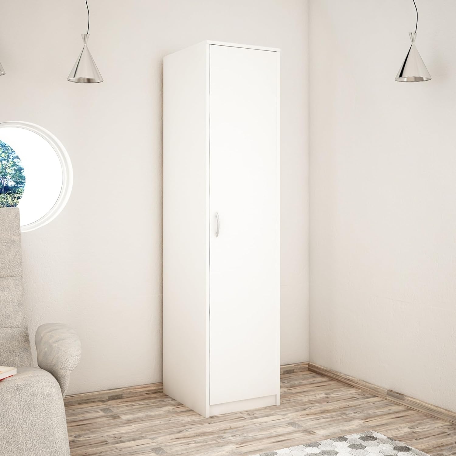 Home Collective Kleiderschrank mit 1 Tür, 1 Kleiderstange und 2 Einlegeböden, Garderobenschrank 45 cm breit Schrank schmal Matte Oberfläche, ideal für Schlafzimmer, Wohnzimmer, Flur | weiß