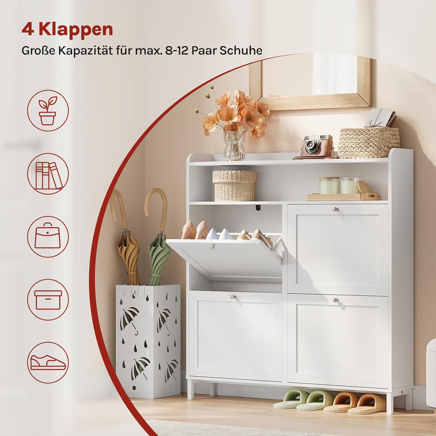 WOLTU Schuhschrank mit 4 Klappen, Schuhregal Schuhkipper schmal, Platzsparend & Robust, für 8-12 Paar Schuhe, Kratzfest, 100 x 107 x 19,5 cm Weiß
