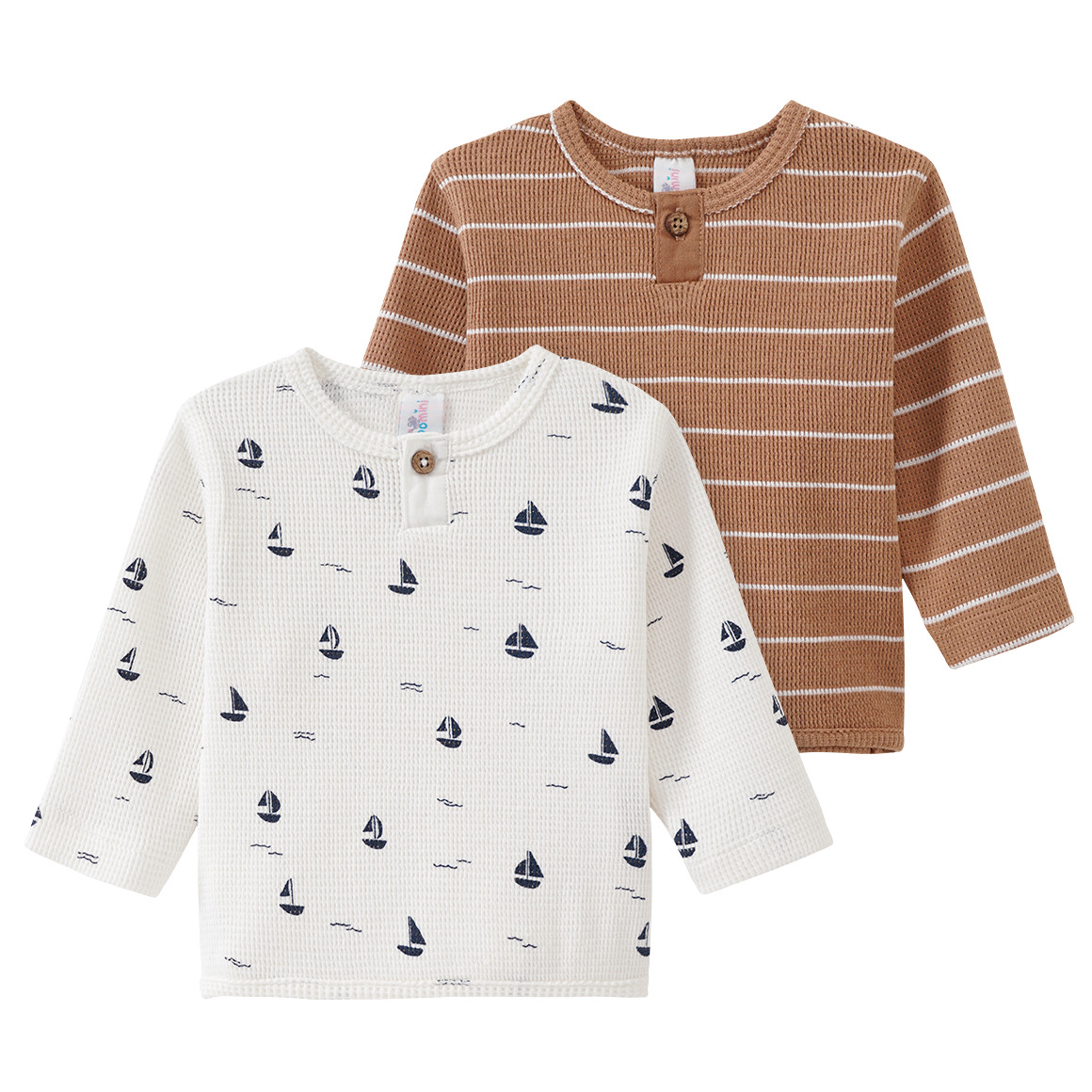 Topomini 2 Newborn Langarmshirts aus Waffel-Piqué hellbraun / weiss