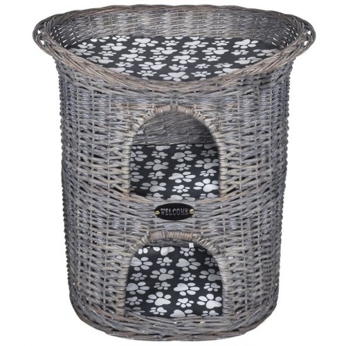 Cama de vime para gatos com altura dupla, cor cinza.