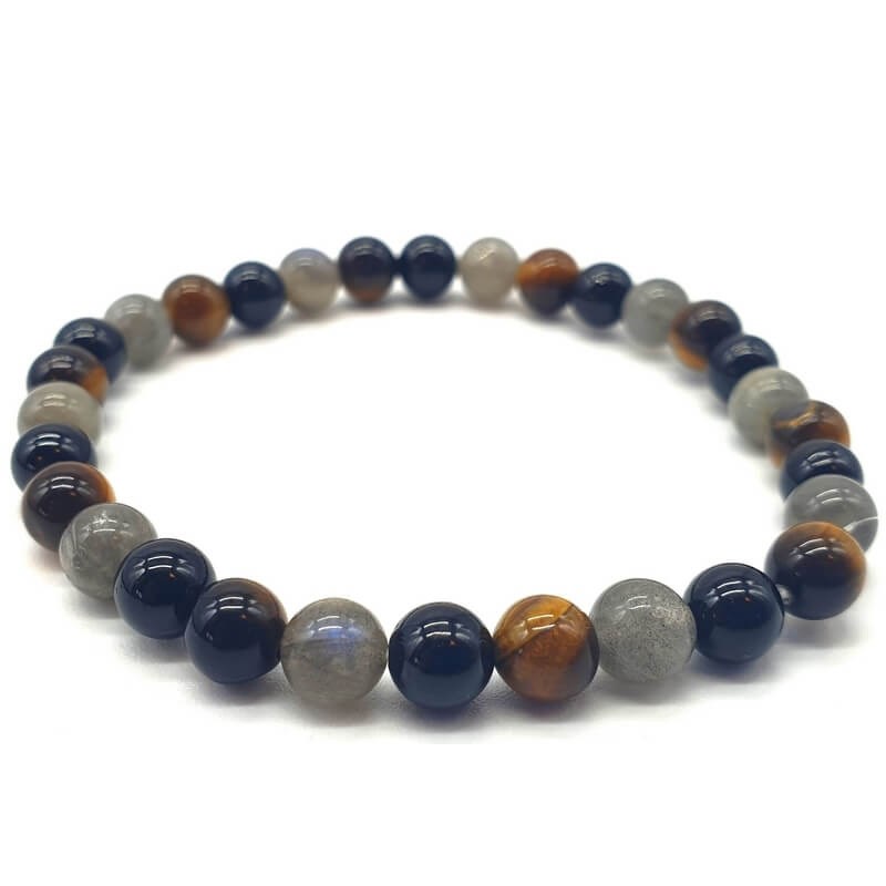 Bracelet extensible avec perles Labradorite, Tourmaline noire, Oeil de Tigre
