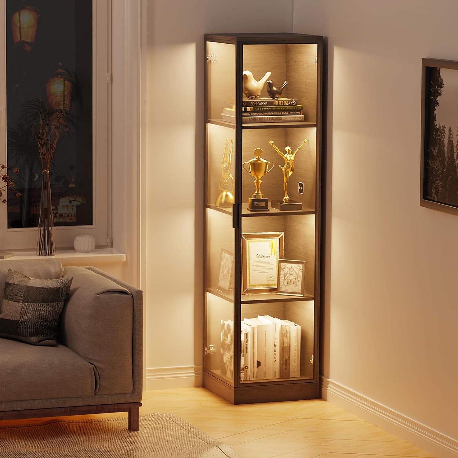 Vitrine mit LED Beleuchtung, Acryl Vitrine mit Menschlicher Sensor, Regal mit türen für Sammlervitrine Und Wohnzimmer Schlafzimmer, Eckschrank Schwarz
