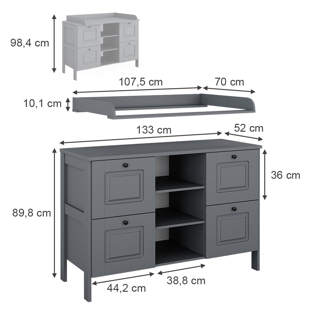 Vitalispa Wickelkommode Ajaton Grau 133 x 98,4 cm mit 4 Schubladen