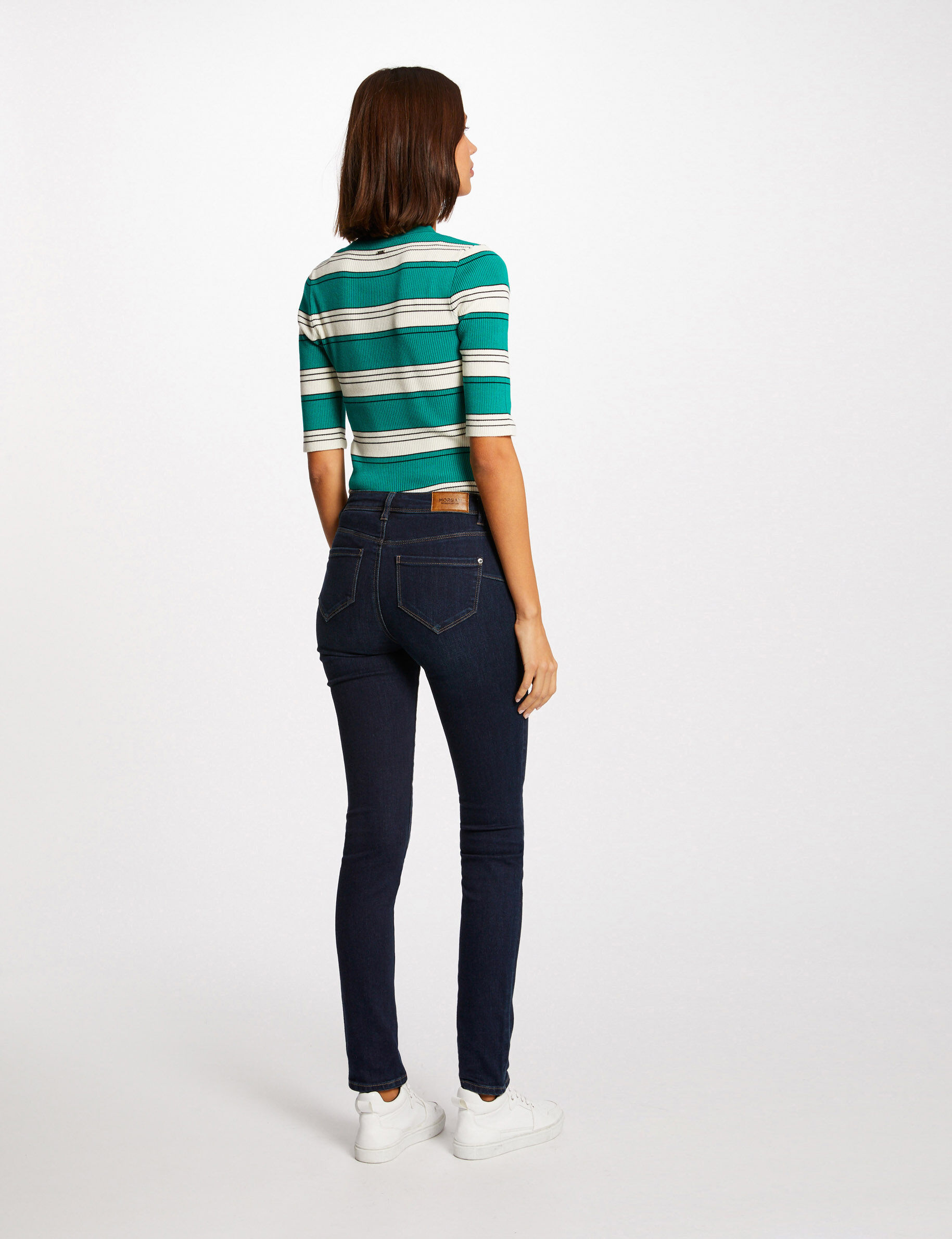 Pull manches courtes à rayures vert moyen femme - vert_moyen