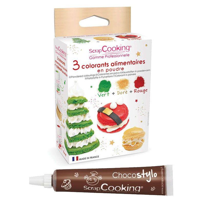 3 colorants en poudre vert, rouge et doré + 1 Stylo chocolat Scrapcook
