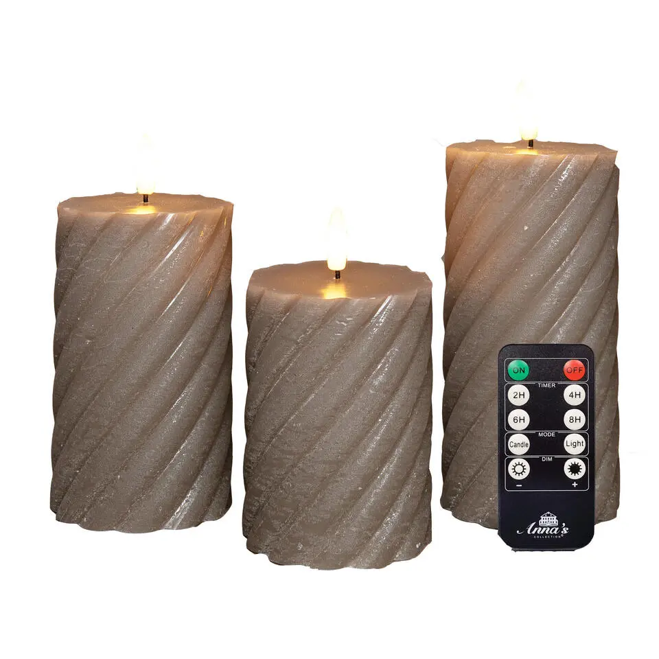 Anna Collection LED kaarsen - 3x - taupe grijs -swirl