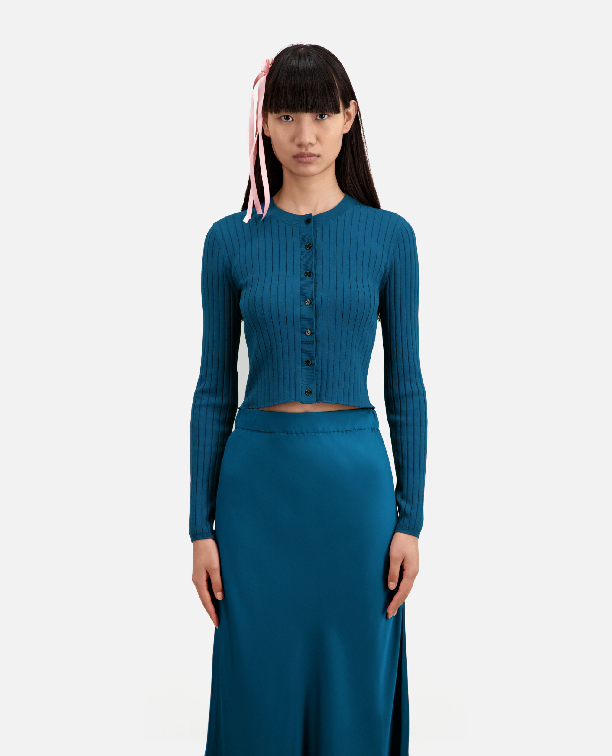 Short ribbed blue cardigan