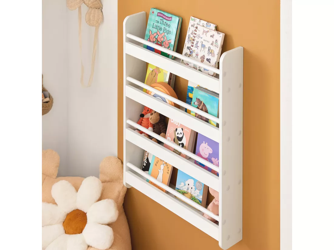 Bibliothèque Murale Étagère à Livres Enfants Étagère de Rangement avec 4 Étages, KMB08-K-W