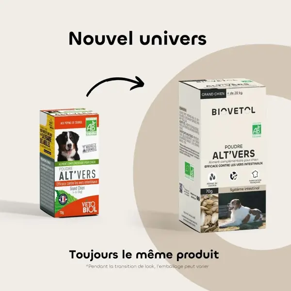 Biovetol - Alimentaire Bien-Être - Poudre Alt'vers Grand Chien Bio >20kg - 70g