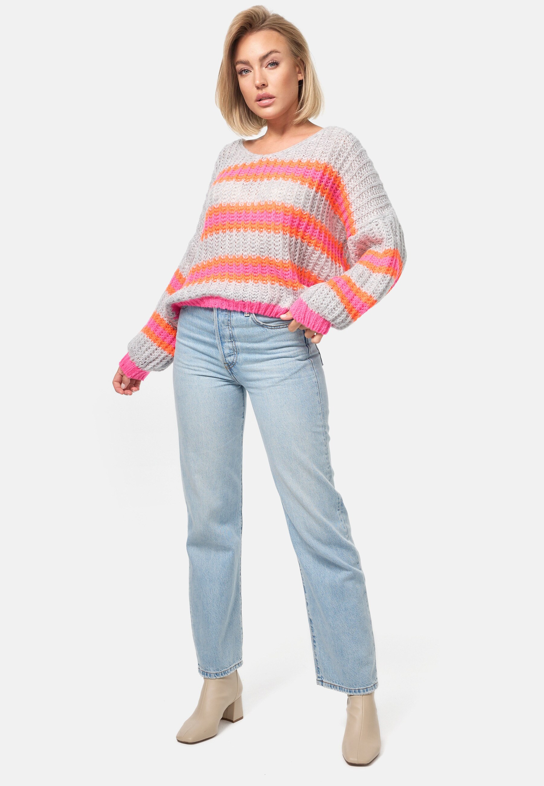 PM SELECTED Damen Strickpullover Kuscheliger Bunter Pullover Gestreifter Pulli in Einheitsgröße PM01