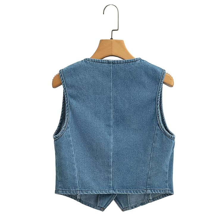 SugaYuja - V-hals gewassen denim vest met knopen