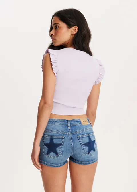 Geribde top met ruffles paars (LAV.L)