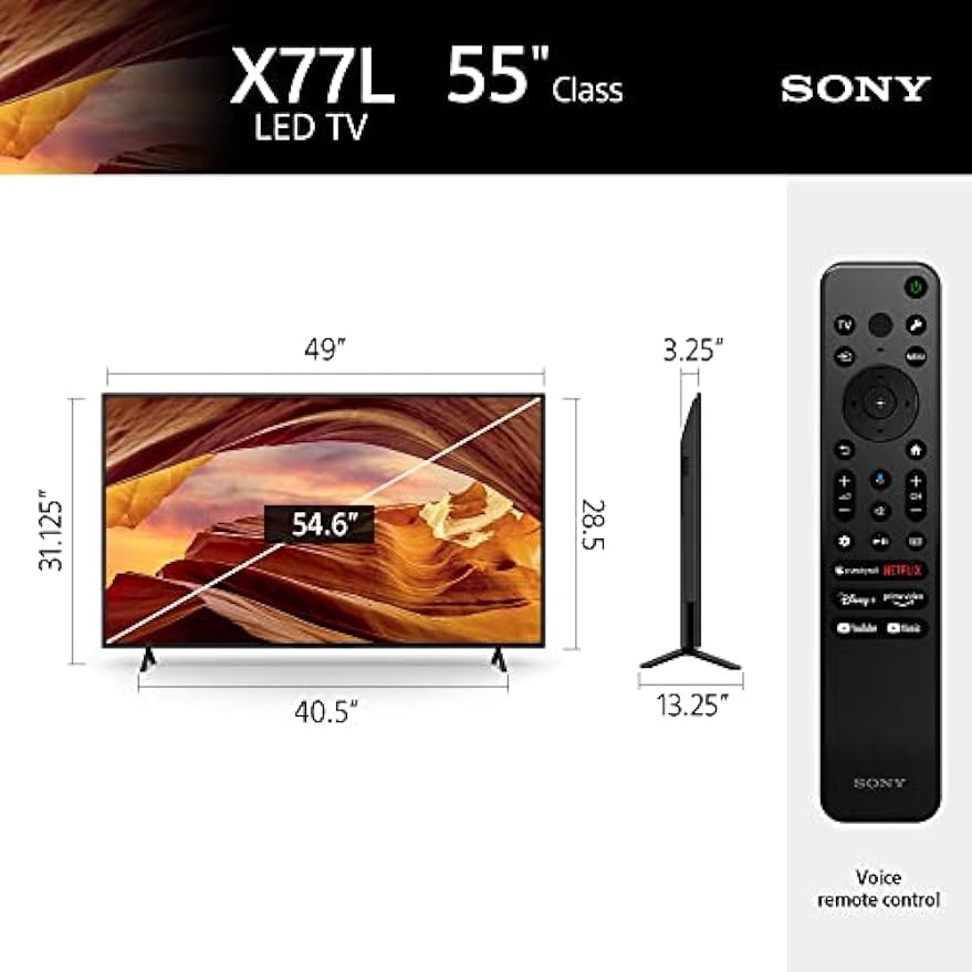 TV Sony 4K Ultra HD de 55 polegadas Série X77L: Smart TV LED com Google TV KD55X77L - Modelo 2023, Preta