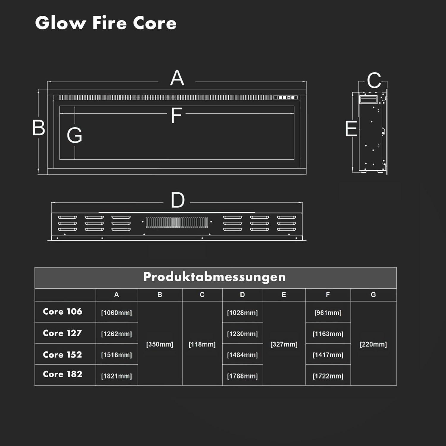 GLOW FIRE Elektrokamin Core 127 mit realistischem 3D LED-Feuer - Wand-Elektrokamin mit Heizung und Kaminfeuer, App Steuerung, Knistereffekt & Timer, max. 1800 W, 127x35x12cm