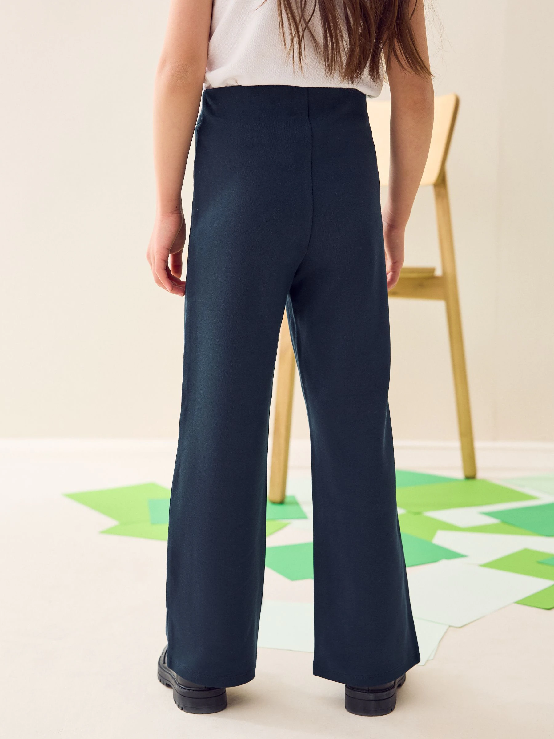 Donkerblauw - Schoolbroek met hoog aandeel katoen, stretchy, bootcut en elastische tailleband (3 - 16 jr)