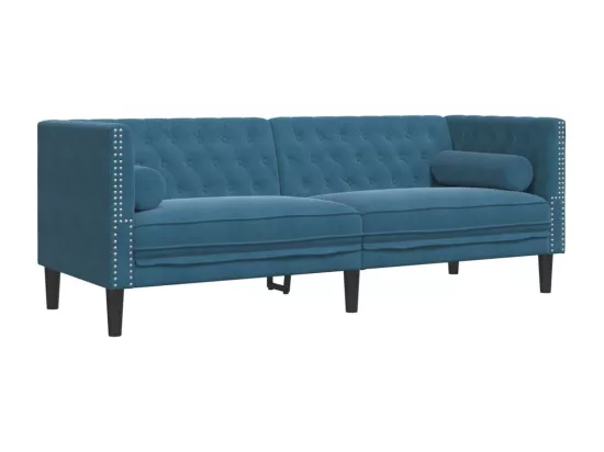 Canapé Chesterfield avec traversins 3 places bleu velours