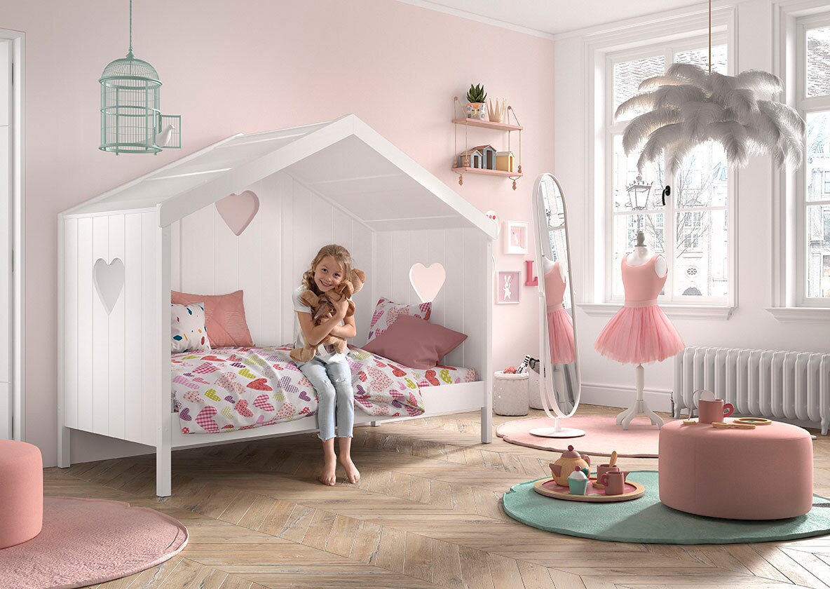 Hausbett Amori mit Rückwand, Liegefläche 90 x 200 cm, inkl. Rolllattenrost - versch. Ausführungen - Kiefer und MDF weiß lackiert