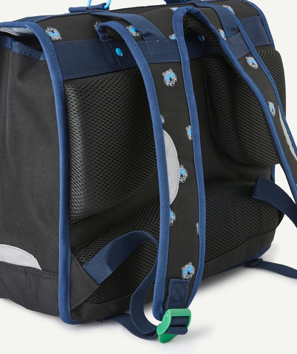 KICKERSCARTABLE BLEU NOIR ET GRIS CHINÉ IMPRIMÉ TIGRES AVEC DOUBLE SOUFFLET