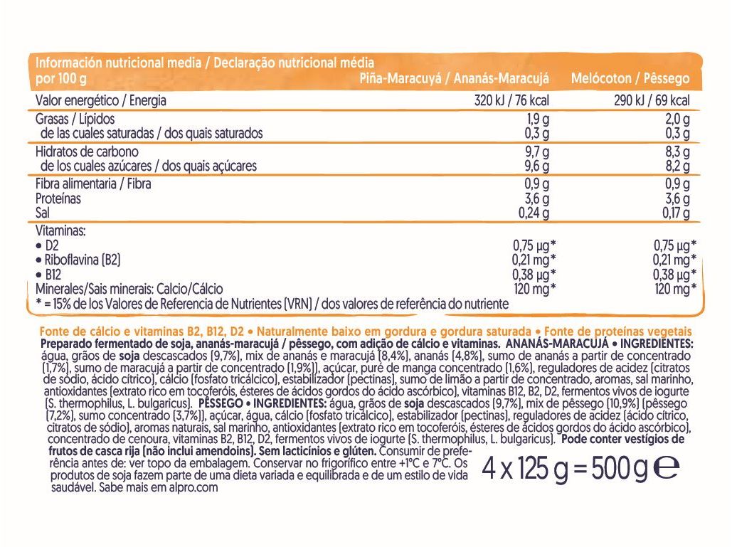 YOFU ALPRO SOJA PÊSSEGO ANANÁS E MARACUJÁ 4X125G