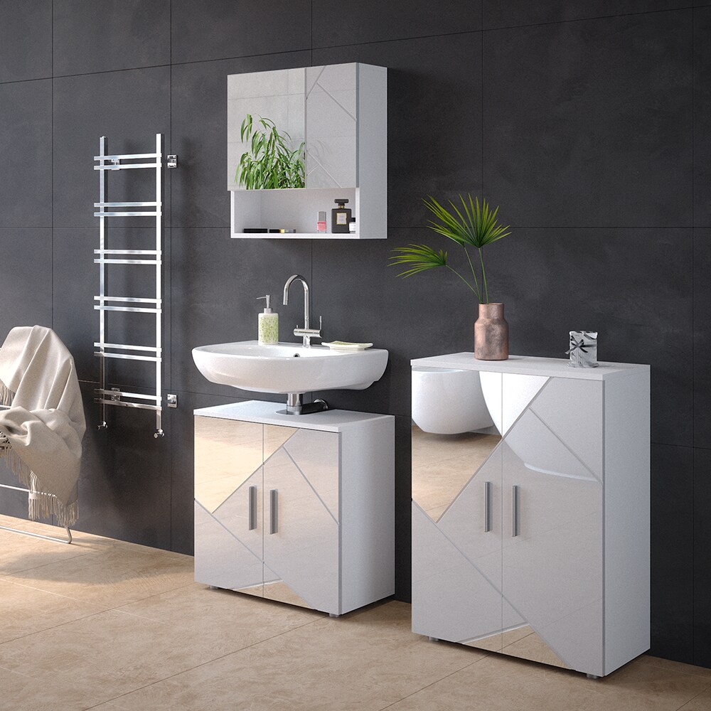 Vicco Spiegelwaschtischunterschrank Waschbeckenunterschrank Badschrank Irma Weiß Hochglanz modern 60x59 cm Badezimmer Schrank Badmöbel Schranktür Schrankfach Ablage Aufbewahrung Dekospiegel