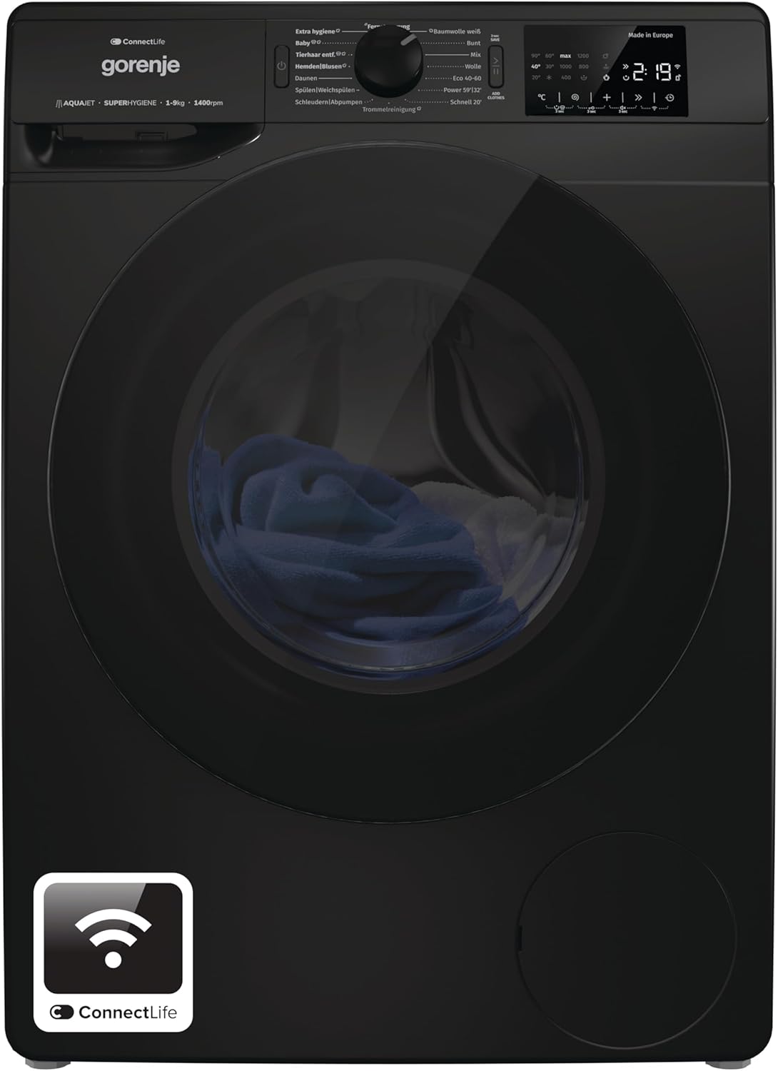 Gorenje WPNEI94A1DTSB Waschmaschine mit Dampffunktion/ConnectLife / 9Kg / 1400 U/min / 15 Programme/Totaler AquaStop/Wave Active Trommel/ExtraHygiene/PowerWash/Schnell Waschgang/EEK: A-10%