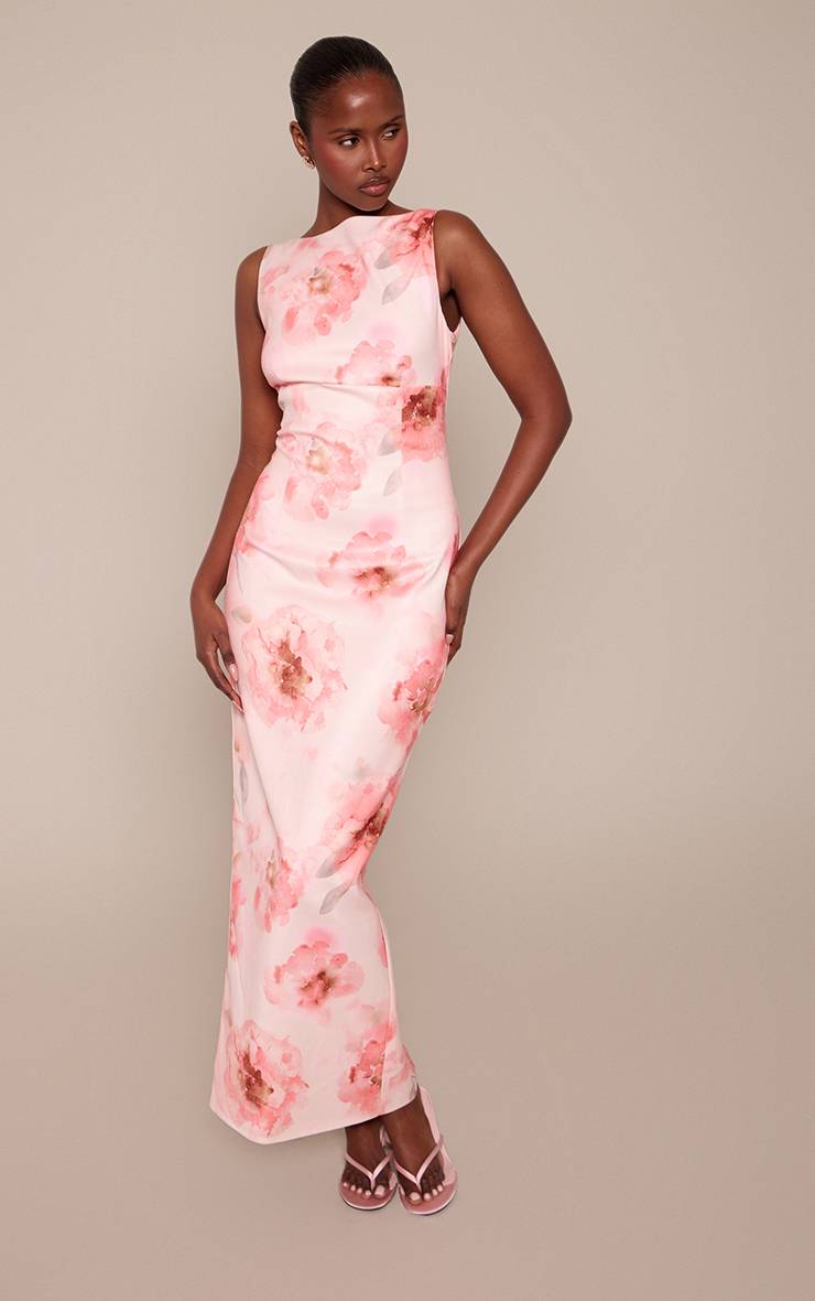Rose Robe Longue Premium À Imprimé Floral Avec Dos Échancré
