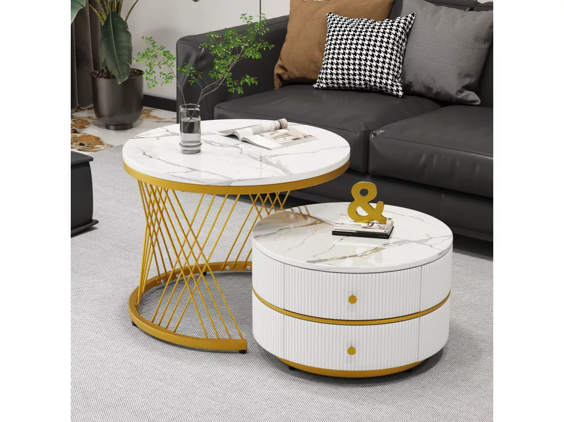 Lot de 2 tables basses gigognes rondes avec 2 tiroirs - 60x60x46cm + 50x50x30.8cm - Motif à marbre - Bois MDF et métal - Blanc + or