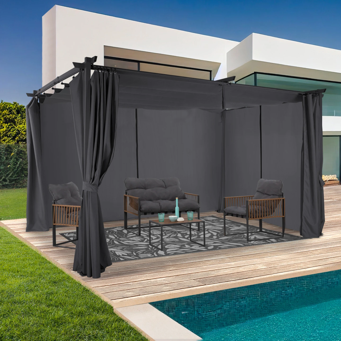 Pergola édition limitée toit rétractable 3x4 M et 4 rideaux gris anthracite