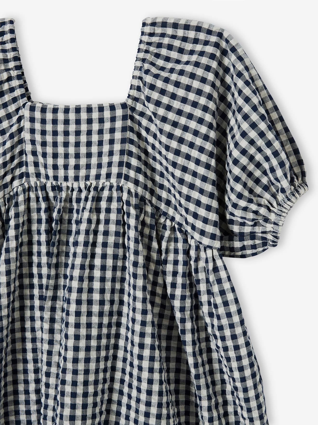 Vestido xadrez vichy com mangas bufantes para meninas, azul marinho.