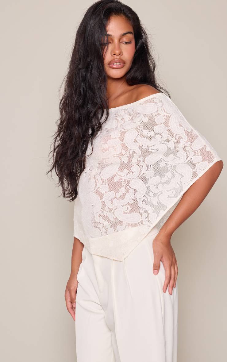 Crème Haut Cape Bardot À Ourlet Asymétrique En Voile Imprimé Paisley