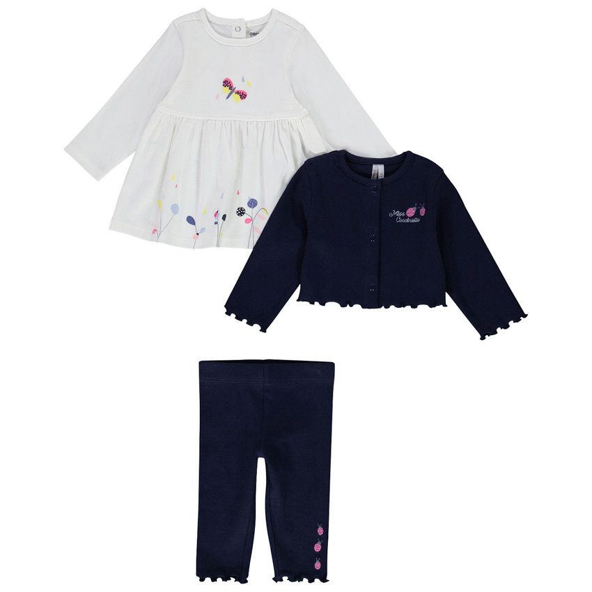 Ensemble 3 pièces cardigan + tunique + caleçon avec broderies coccinelle pour bébé fille - Bleu marine