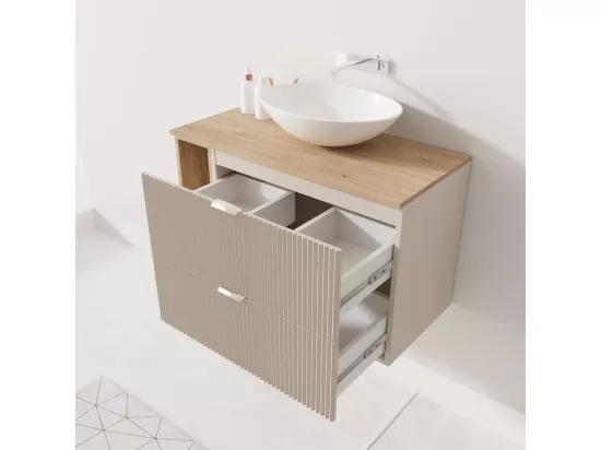 Meuble lavabo WENA, avec étagère, façades cannelées, Willy, 100x60x47 cm, Cachemire/Noyer