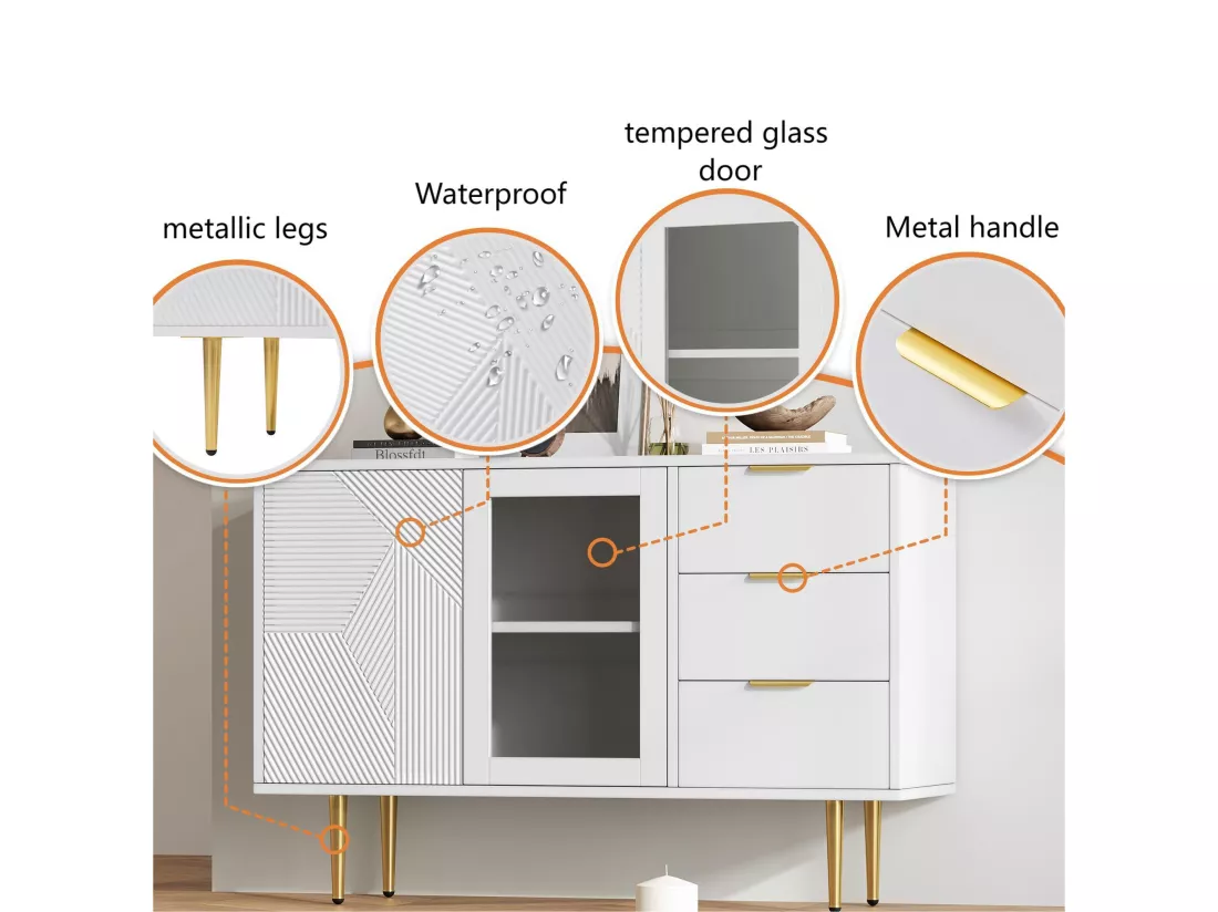 Buffet moderne - 3 tiroirs et 2 portes - panneaux de particules - Blanc