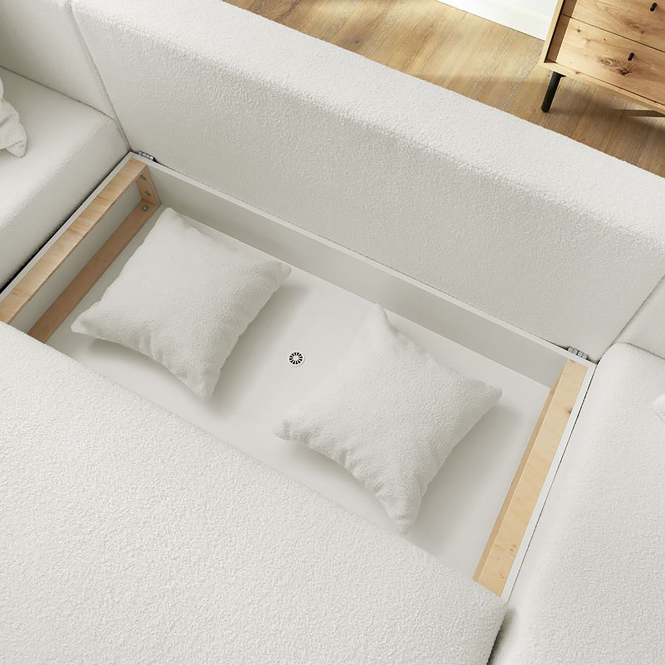 Bobochic Canapé panoramique convertible coffre bouclette envy blanc - 386x153x95 cm