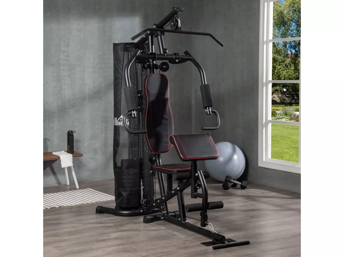 Station de musculation - entrainement complet - développé couché, butterfly, barre latissimus, curler, bande résistance, 10 contrepoids - acier noir rouge