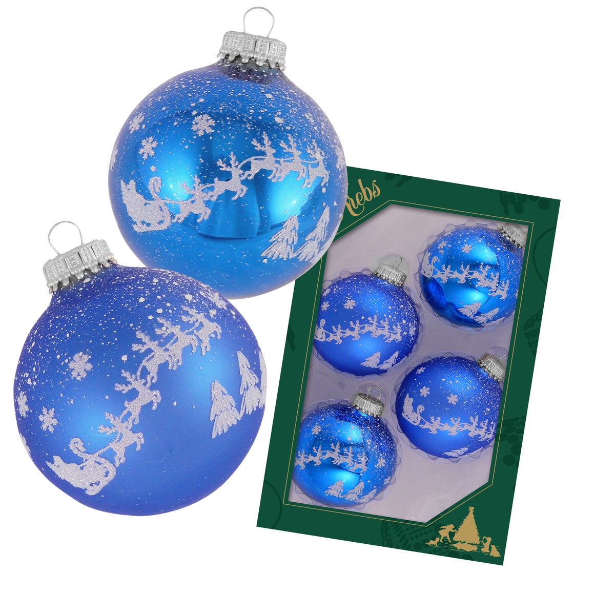 Klassieke blauwe glanzende/matte glazen kerstbal van 7 cm met witte opdruk van de Kerstman met zijn rendier, 4 stuks, kerstballen, kerstversieringen, kerstballen voor in de boom