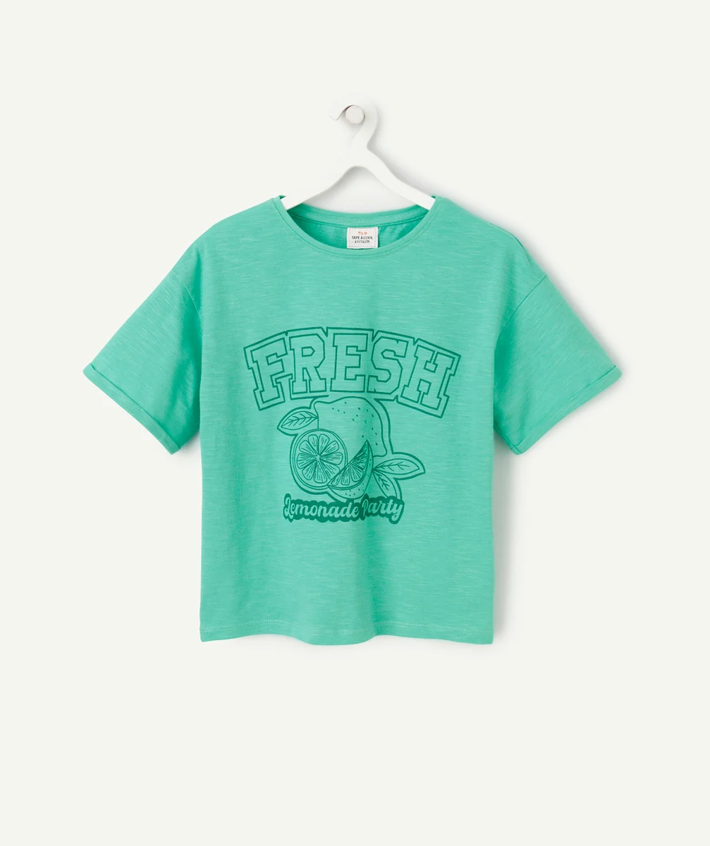 T-SHIRT OVERSIZE FILLE EN COTON BIO VERT AVEC MESSAGE FRESH ET CITRON