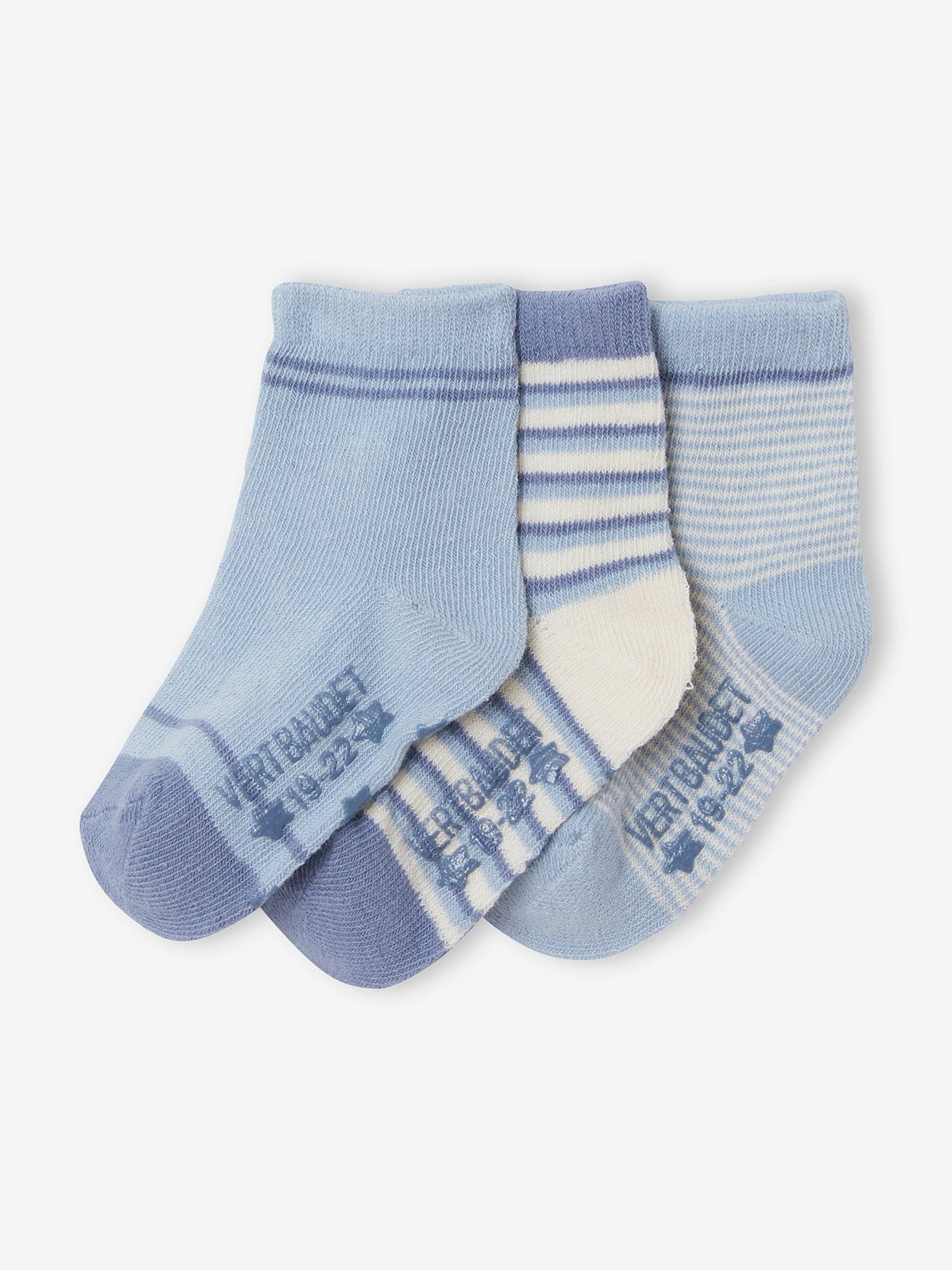 Pacote com 3 pares de meias listradas para bebê menino, azul médio, bicolor/multicoloridas