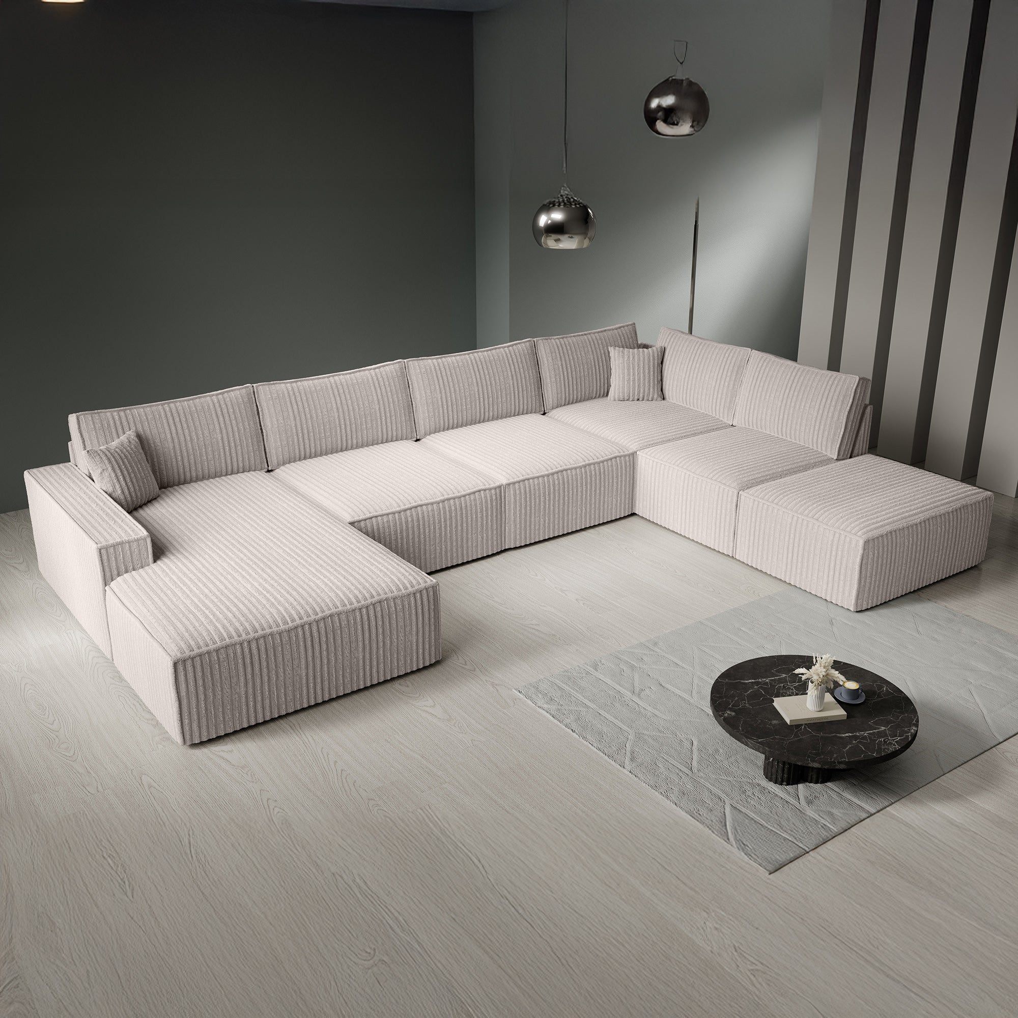 Manolo - Hoekbank 5-zits met chaise longue - Ribstof beige - Links