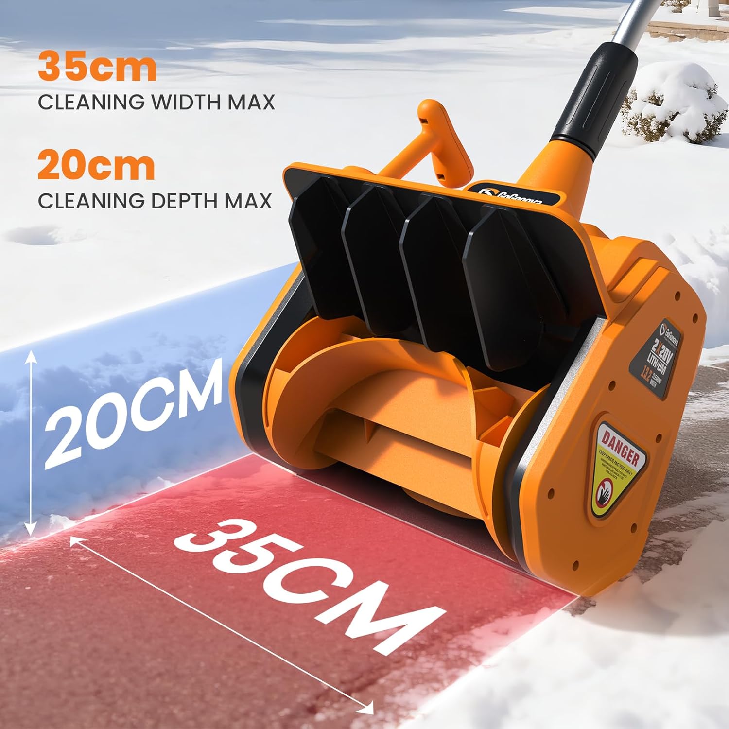 Gogonova 2x20V Akku-Schneefräse, 35 cm Arbeitsbreite, 20 cm Höhe, ±30° Verstellbarer Schneewurf (bis 8 m), Akku-Schneeschaufel mit Zusatzgriff(Inkl. 2x4Ah Akku & 2,2A Doppelladegerät)